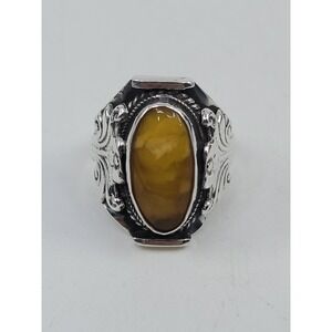 Vintage‎ Sterling Silver Egg Yolk Butterscotch Amber Ring Size 9 Estate